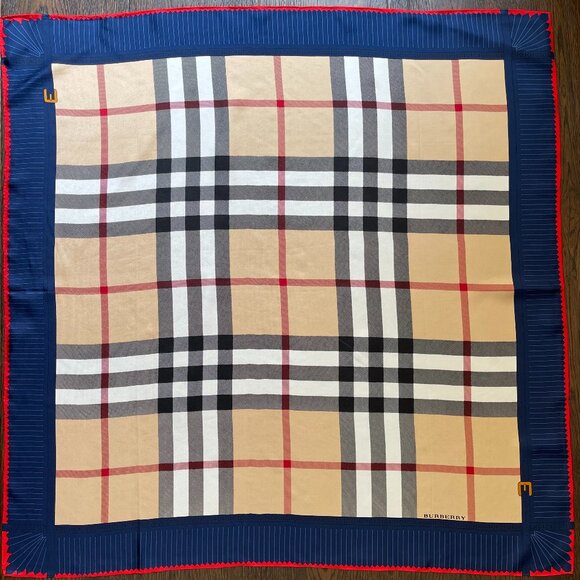 NWT Burberry Scarf Logo Iconic Beige Check Blue Border Silk Wrap - Picture 7 of 16